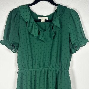 Monteau Los Angeles Green Swiss Dot Ruffle Short Sleeve Midi Dress Medium‎
